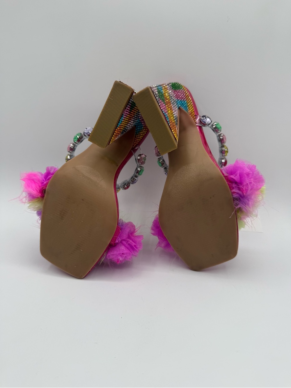 Betsey Johnson Attica Rhinestone Pink Embellished Sandals Pom Pom Statement Mule - Picture 11 of 17